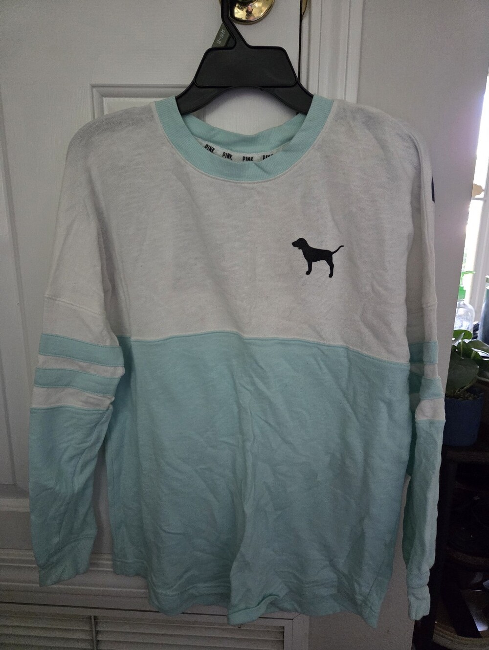 PINK Victorias Secret Colorblock Varsity Crew Long Sleeve Mint Seafoam Cute Xs